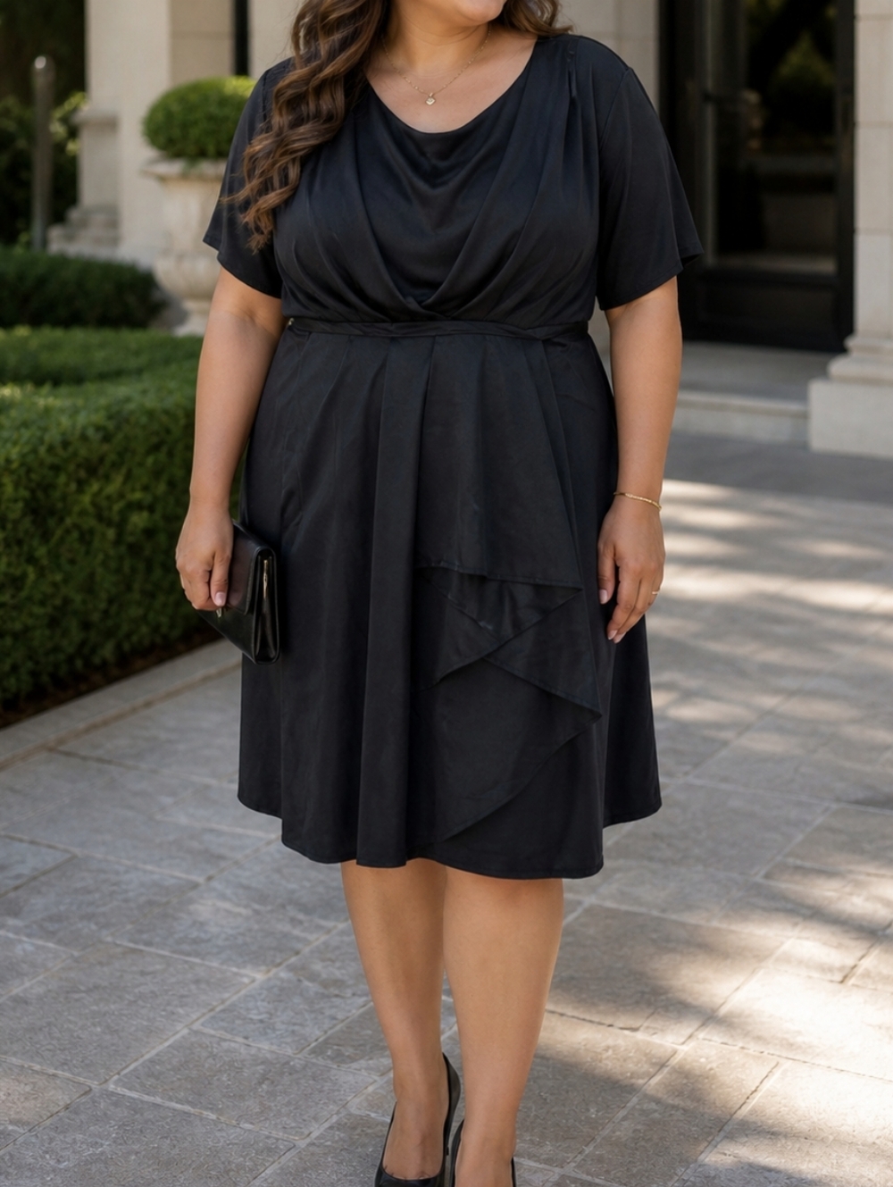 Adrianna Papell Black Draped Cocktail Dress | Elegant Short Sleeve Faux Wrap